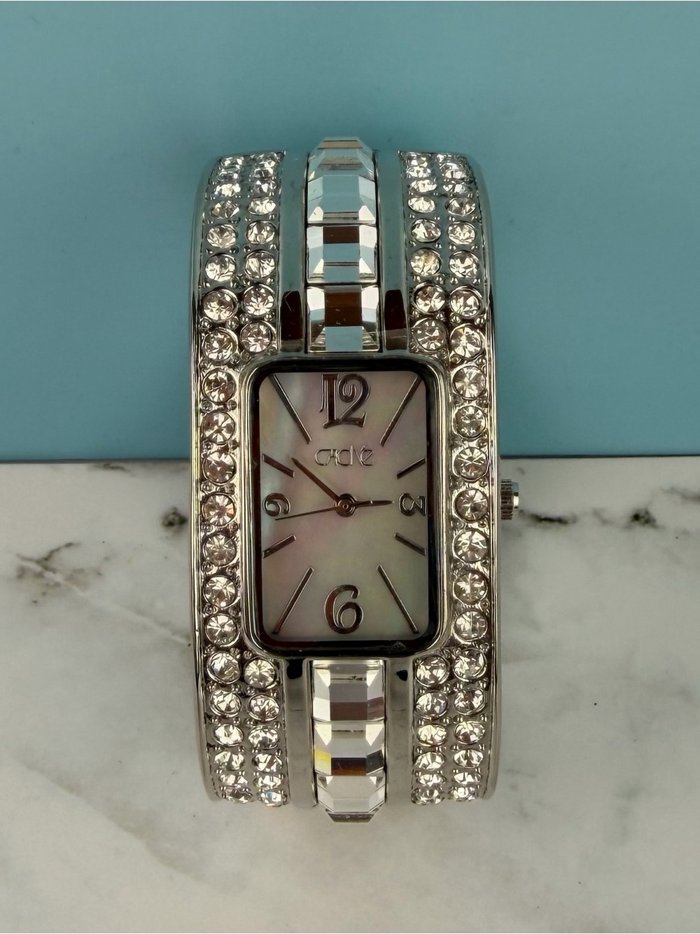Vintage Caché Rhinestone Hinged Cuff Watch Mother of Pearl Dial Silver Tone Y2K